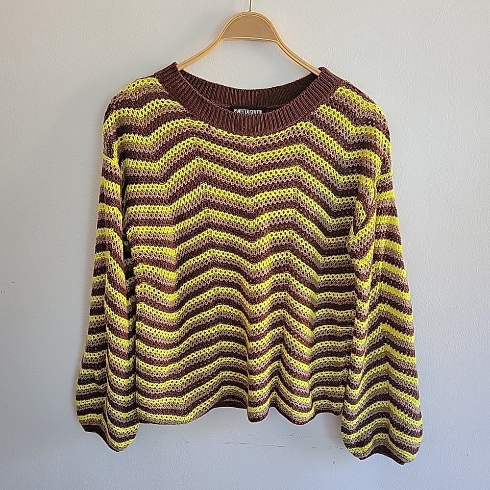 Sweet and Sinful Sweater XL Multicolor Stripe Open Knit‎ Balloon Sleeve Retro